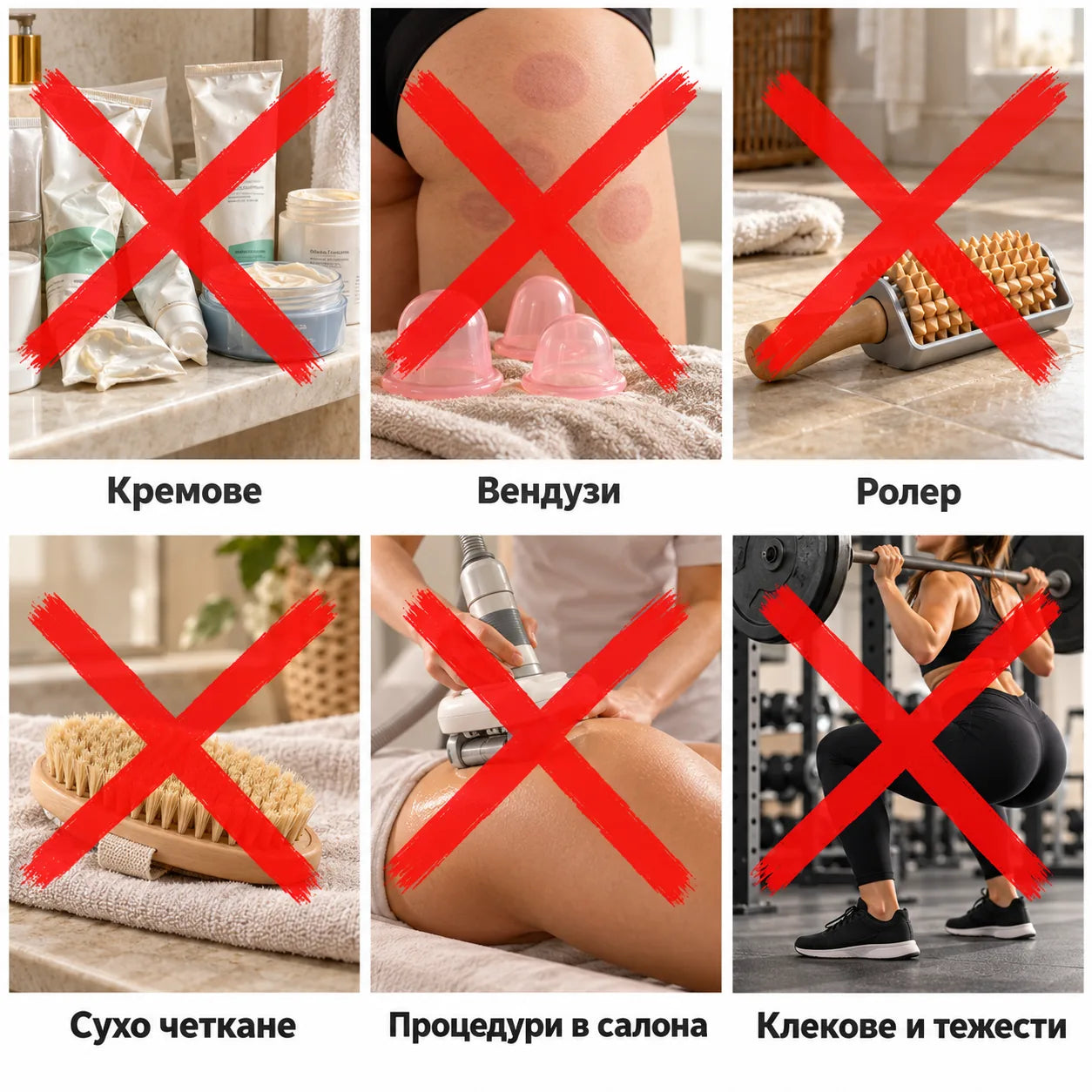 Кремове, вендузи, ролер, сухо четкане, процедури в салона, клекове и тежести – всички зачеркнати