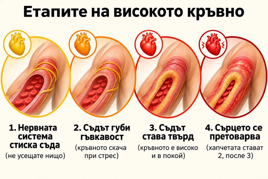 Илюстрация: етапите на високото кръвно, от нервната система, която стиска съда, до претовареното сърце