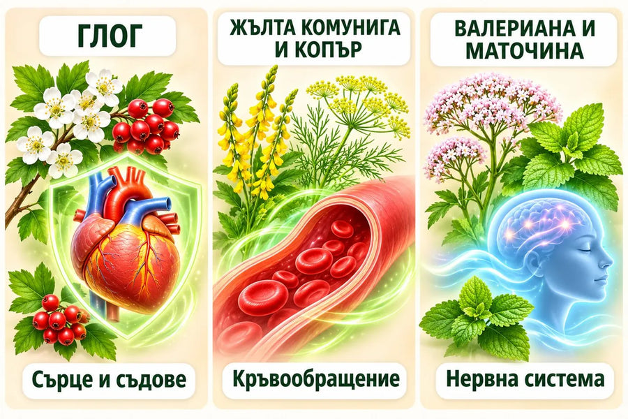Илюстрация: глог за сърце и съдове, жълта комунига и копър за кръвообращение, валериана и маточина за нервната система