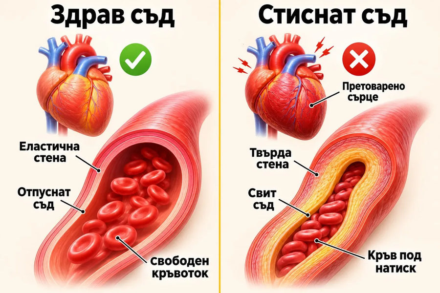 Илюстрация: здрав съд с еластична стена и свободен кръвоток срещу стиснат съд с твърда стена, кръв под натиск и претоварено сърце
