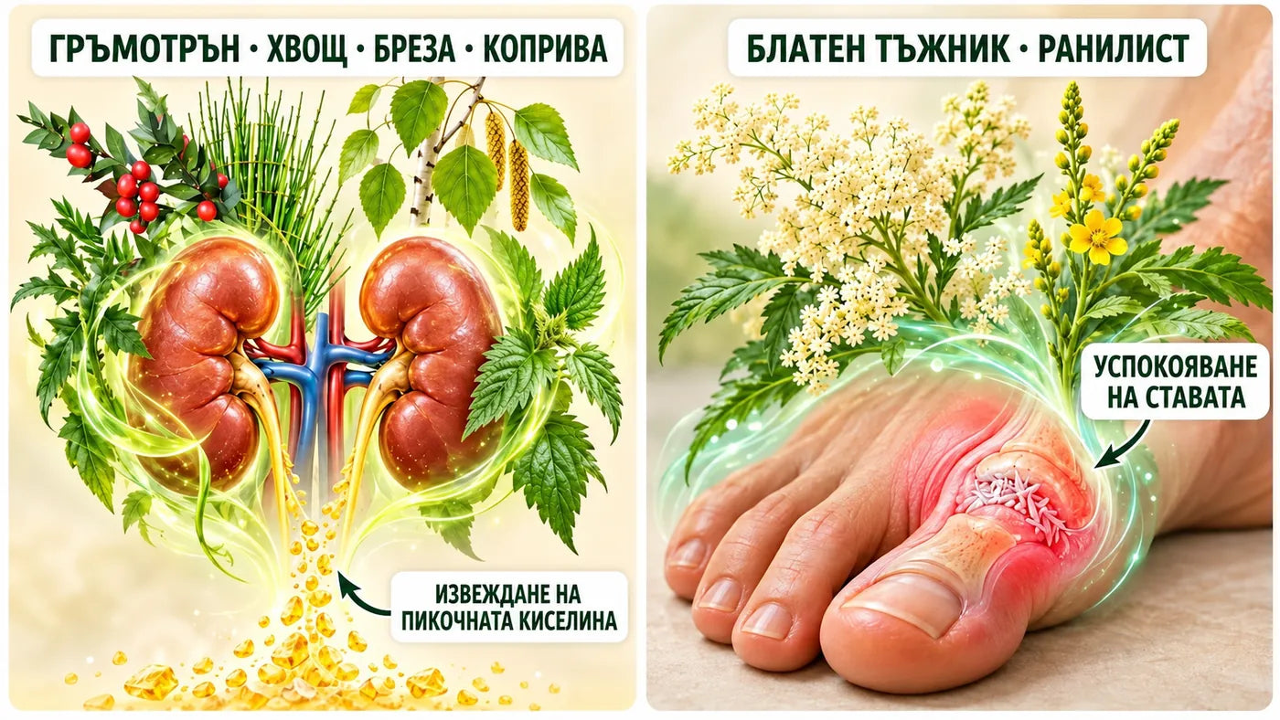 Илюстрация: гръмотрън, хвощ, бреза и коприва подпомагат извеждането на пикочната киселина, а блатен тъжник и ранилист успокояват ставата