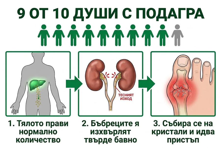 9 от 10 души с подагра: тялото прави нормално количество, бъбреците я изхвърлят твърде бавно, събира се на кристали и идва пристъп