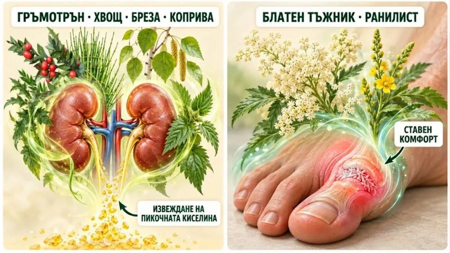 Вляво гръмотрън, хвощ, бреза и коприва около бъбреците и извеждане на пикочната киселина; вдясно блатен тъжник и ранилист около подута става, ставен комфорт