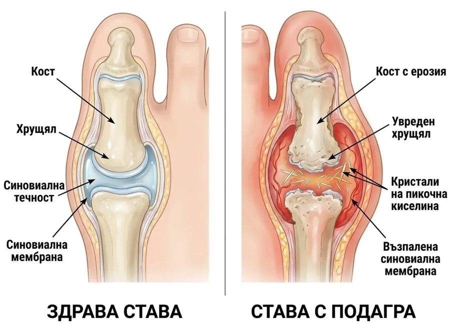 Здрава става срещу става с подагра: разрез на палеца с кристали на пикочна киселина