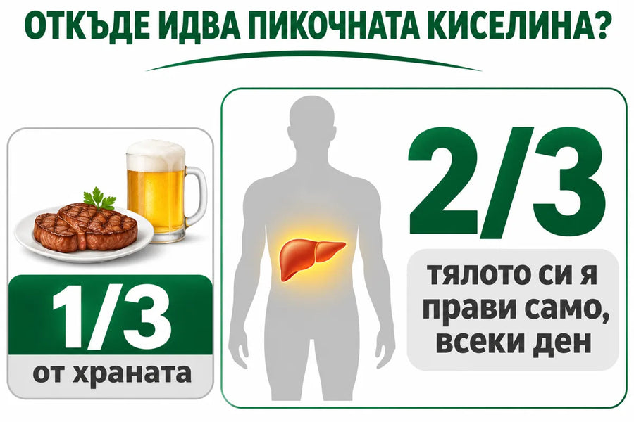 Откъде идва пикочната киселина: 1/3 от храната, 2/3 тялото си я прави само, всеки ден